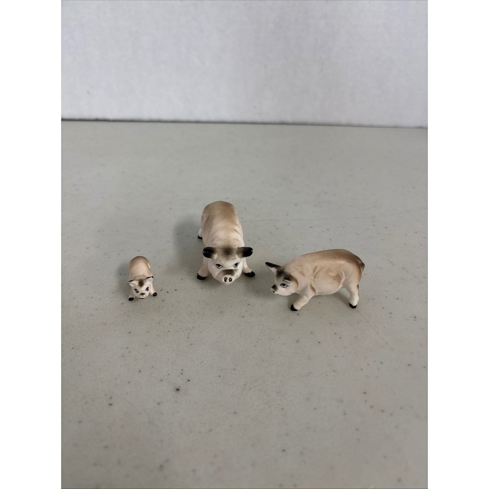 Vintage Ceramic Pig Family Miniature Figurines Set of 3 Tan Black Farm Animals